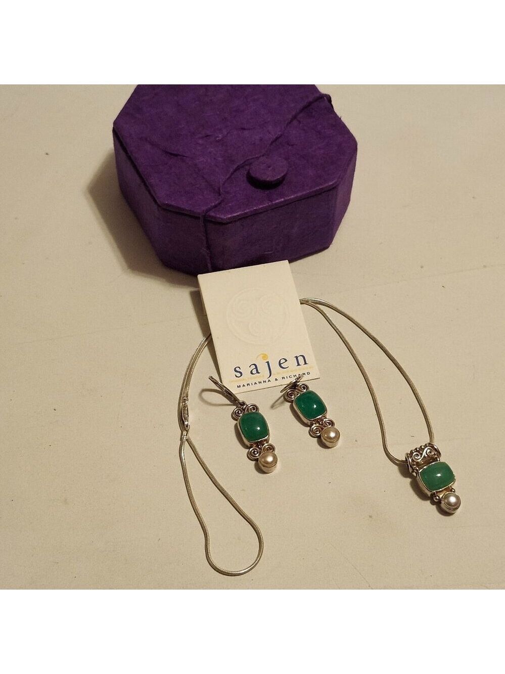 STUNNING SAJEN Chrysoprase and Pearl Silver Pendant and Earring Set BNIP 925